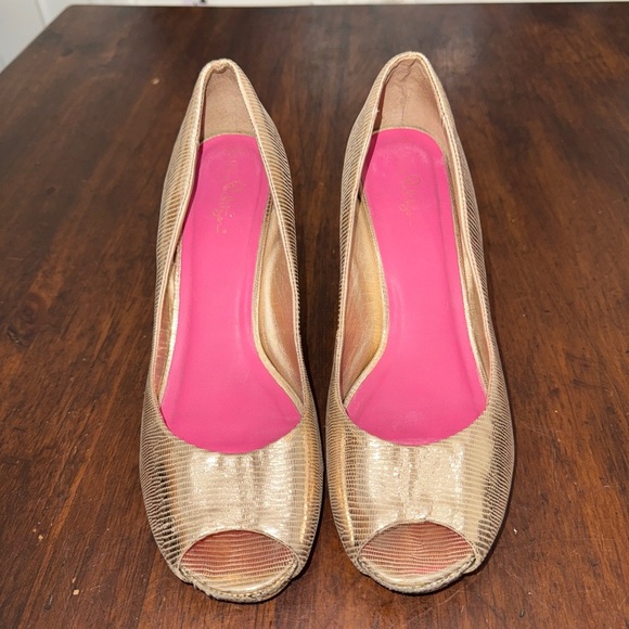 Lilly Pulitzer Gold Leather Metallic Wedge Heels Size 10M - Picture 2 of 9